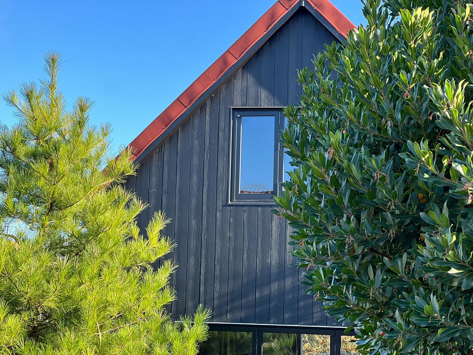 a black house with a red roof and a red roof